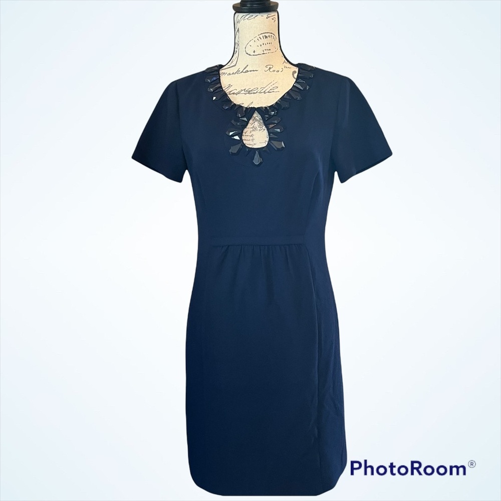 Trina Turk Navy Shift Dress Embellished Neckline Size Medium